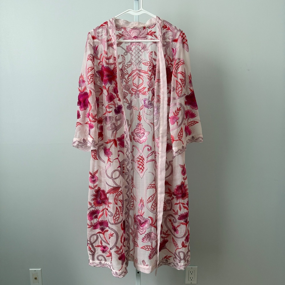 Soft Surroundings sz M Pink Floral Embroidered Duster Kimono Boho Cottagecore